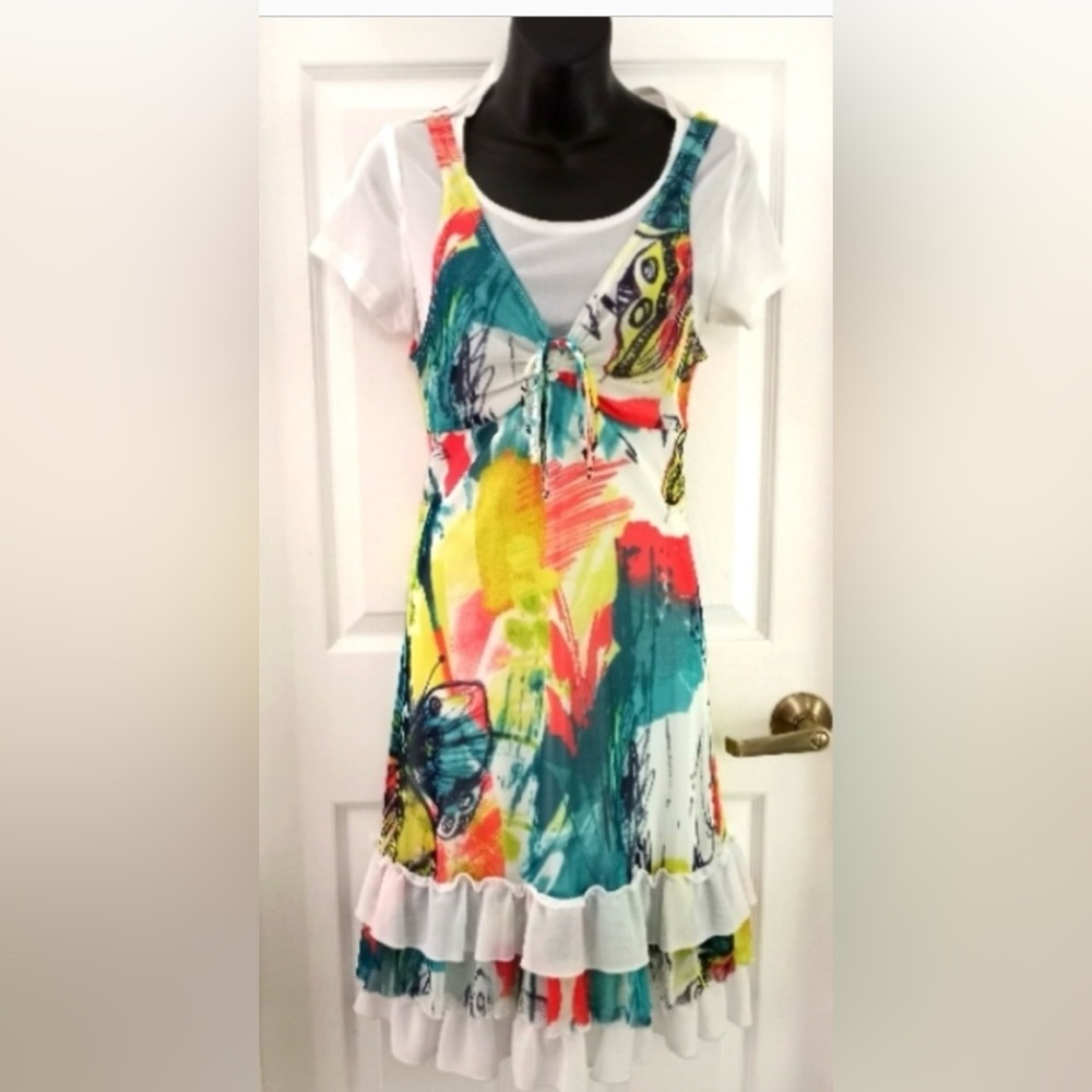 VTG-Y2K-Mesh Overlay Layered Tiered Floral dress -twofer-Sz S-coquette -EUC🌸 - Picture 8 of 13